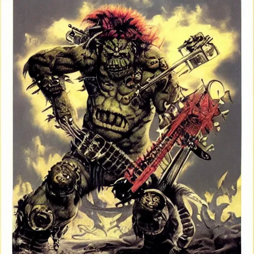 Image similar to Heavy metal Ork, Orkboy, Ork, 80s metal, mohawk, shaggy hair, New Wave of British Heavy Metal, Frank Frazetta, pulp art, illustration