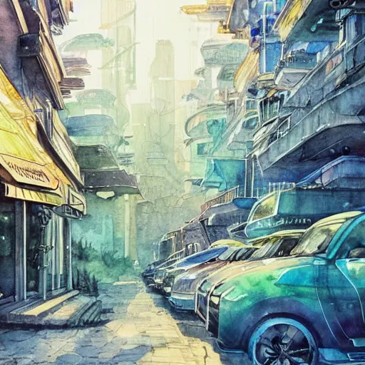 Image similar to Beautiful happy picturesque charming sci-fi city in harmony with nature. Beautiful light. Nice colour scheme, soft warm colour. Beautiful detailed watercolor by Lurid. (2022)