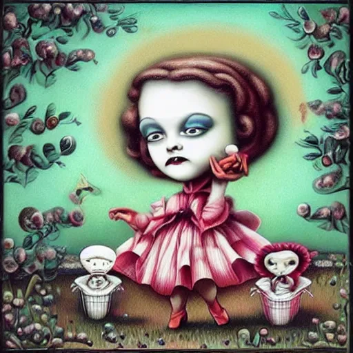 Image similar to 😄🎼🎹🎵, lowbrow surrealistic, in the style of Mark Ryden,