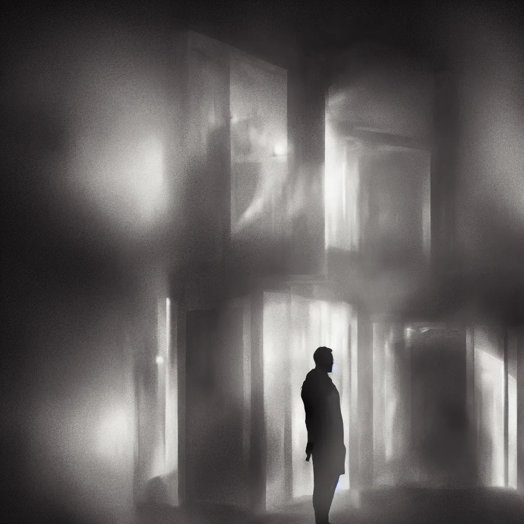 Image similar to a silhouette of a man standing before a glowing doorway portal in the middle of a dark laboratory, movie poster, cinematic lighting, sci - fi concept art, movie concept art, cinematic framing, blockbuster movie poster