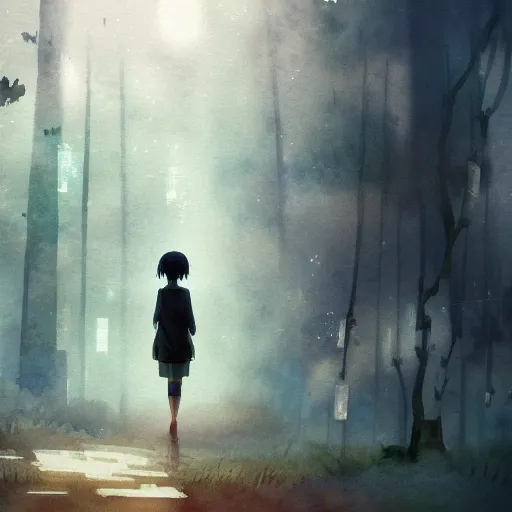 Prompt: anime, incredible wide screenshot, ultrawide, simple watercolor, rough paper texture, ghost in the shell movie scene, girl in a dress walking through the beautiful forest, outdoors, fireflies!!!, fog, dust