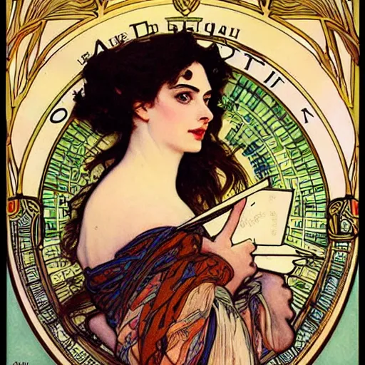 Image similar to ann hathaway portrait by louis - theophile hingre and alphonse mucha, realistic, sharp focus, zodiac signs, tarot cards, planets, ethereal, art nouveau, magic, moon, sun, crown, dreamy, royal, jewellery