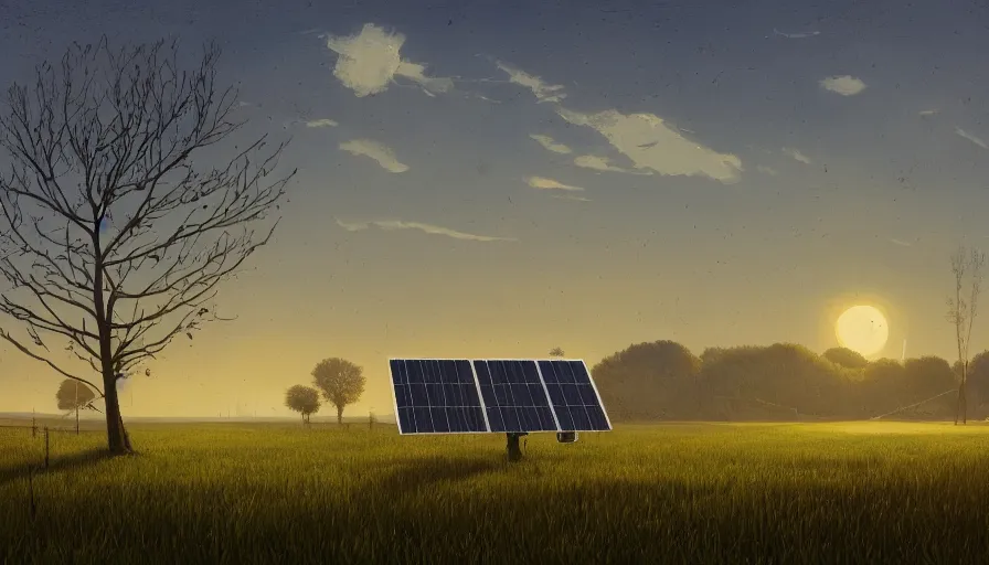 Image similar to open field with solar panels, sun in the sky, early morning, single tree, farmhouse, simon stalenhag