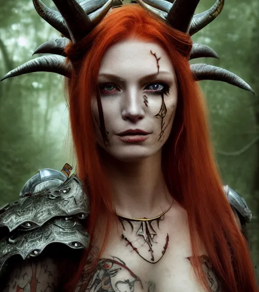 Image similar to 5 5 mm portrait of an armored gorgeous anesthetic redhead woman warrior with a face tattoo and horns growing from her head. in a magical forest in the style of stefan kostic, art by luis royo. highly detailed 8 k. intricate. lifelike. soft light. nikon d 8 5 0. cinematic post - processing