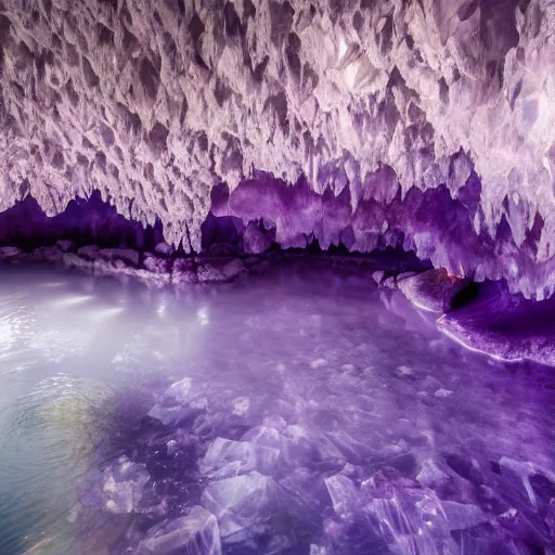 Prompt: photo inside an amethyst cave with a hot spring, highly detailed, 8k,