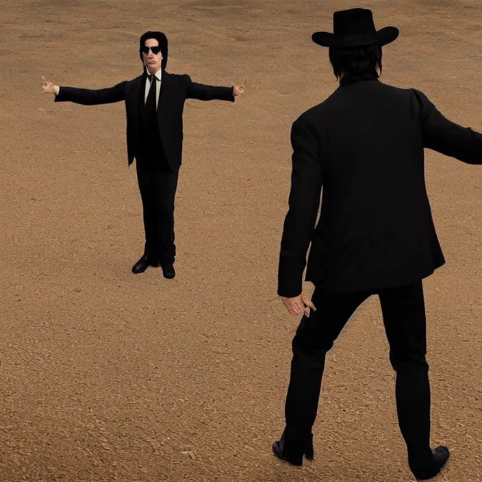Image similar to a john travolta as vincent vega suprised gesture nobody there ghost town tumbleweed bushes on ground shrugging hand at waist level. standing in black suit high noon, highly detailed, photorealistic, octane render, 8 k, unreal engine, art by todd mcfarlane, artgerm, greg rutkowski, alphonse mucha