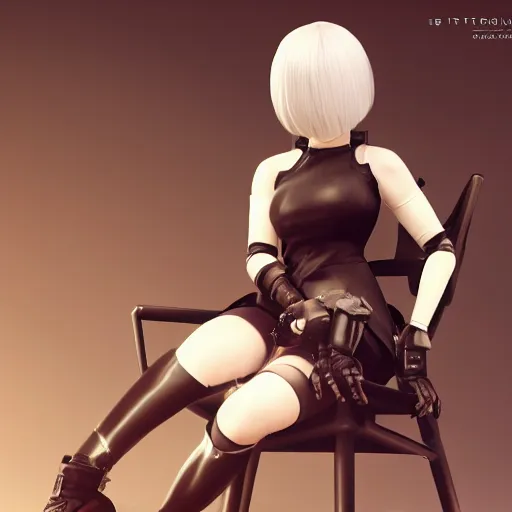 Image similar to a girl inspired from 2b from nier automata, sitting on a chair, 4k ultra realistic, trending on artstation concept, professional art