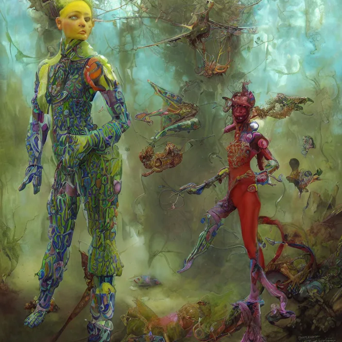 Prompt: a fashion editorial of elf lady as a brightly colored sphinx amphibian hybrid with wet translucent skin. wearing an growing organic exosuit. by tom bagshaw, donato giancola, hans holbein, walton ford, gaston bussiere, brian froud, peter mohrbacher and magali villeneuve. 8 k, cgsociety