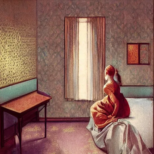 Prompt: a lonely girl in a liminal hotel room, baroque wallpaper, film still by kubrik, depicted by balthus, limited color palette, very intricate, art nouveau, highly detailed, lights by hopper, soft pastel colors, minimalist