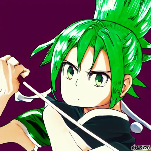 Image similar to fencer, anime style, green hair, dark, animation, detailed, illustration, eiichiro oda,