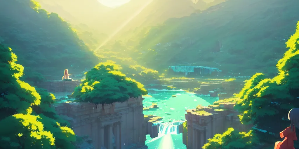 Prompt: evergreen valley, several waterfalls, ancient city, tall marble buildings, landscape, global illumination, morning light, radiant light, bird's eye view, by makoto shinkai and lois van baarle, ilya kuvshinov, rossdraws, tom bagshaw,