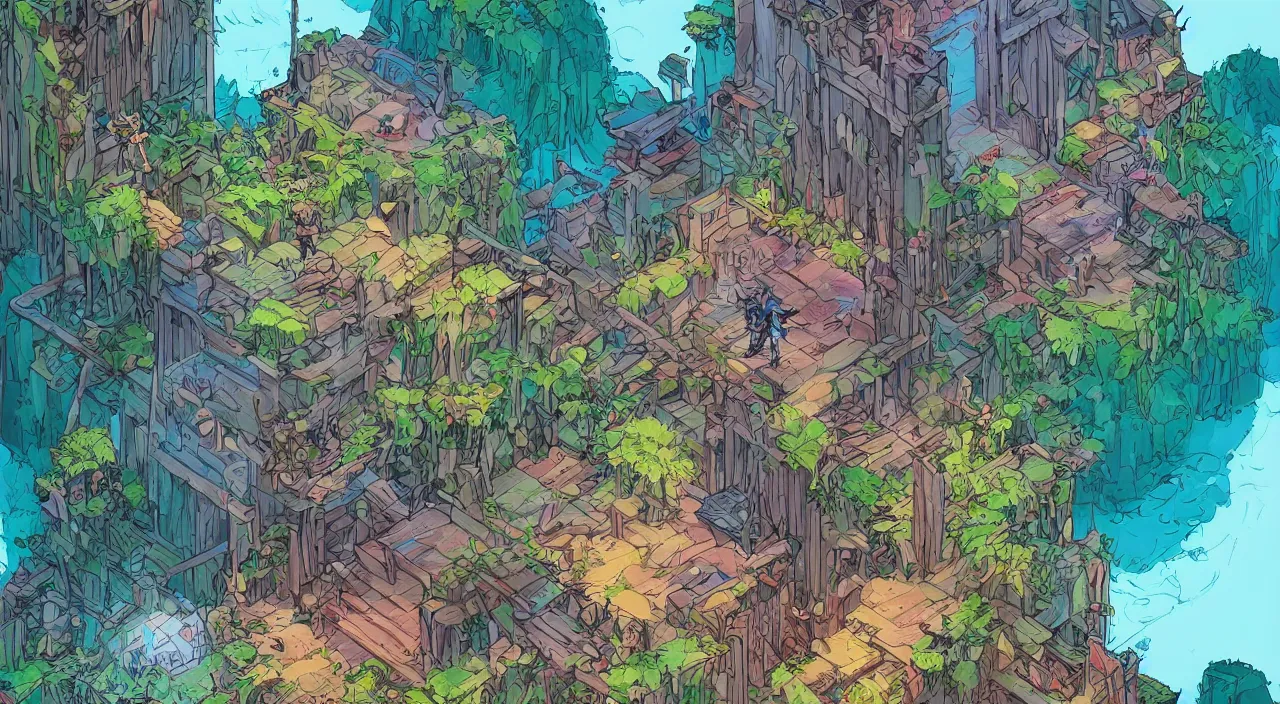 Image similar to open door wood wall fortress child house flag amazon jungle on portal unknow world ambiant fornite colorful that looks like it is from borderlands and by feng zhu and loish and laurie greasley, victo ngai, andreas rocha, john harris