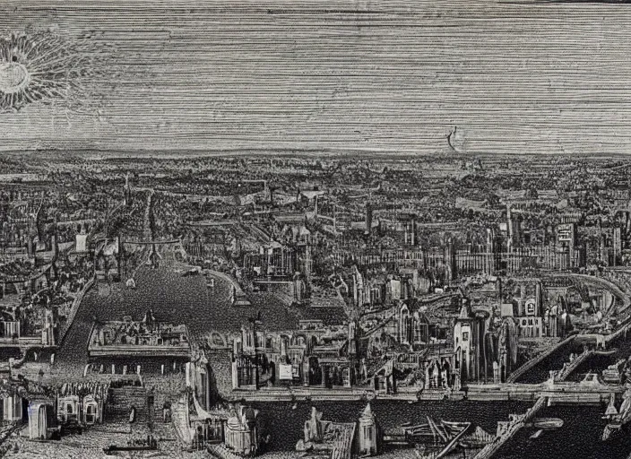 Image similar to detail from Hollar’s Panoramic view of a futuristic domed city, 1647