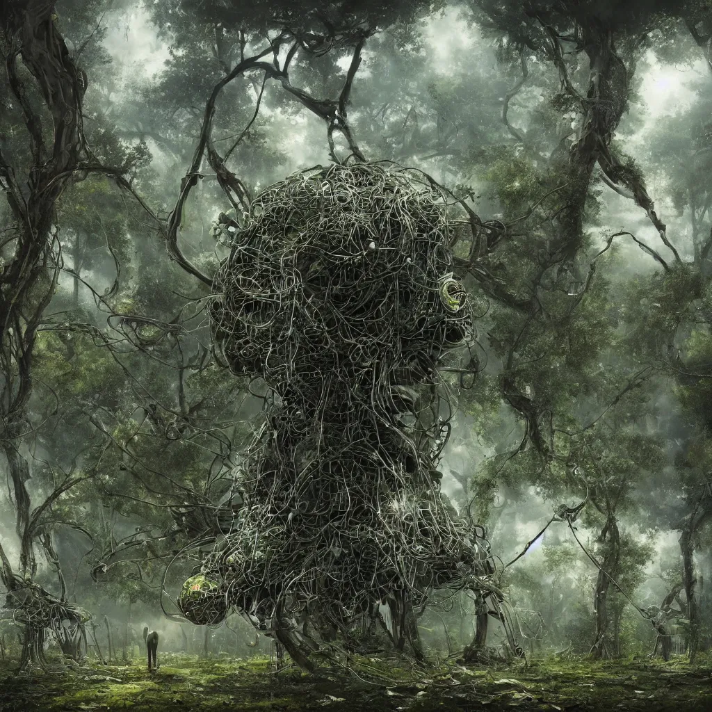 Image similar to the remnants of a broken alien supercomputer covered in wires and foliage in a mystical grove, sentry robots hovering in the air, somber melancholic matte painting, highly detailed oil painting, liminal space, 8k, stillness, solitude, sorrowful nostalgic awe-inspiring atmosphere, masterpiece