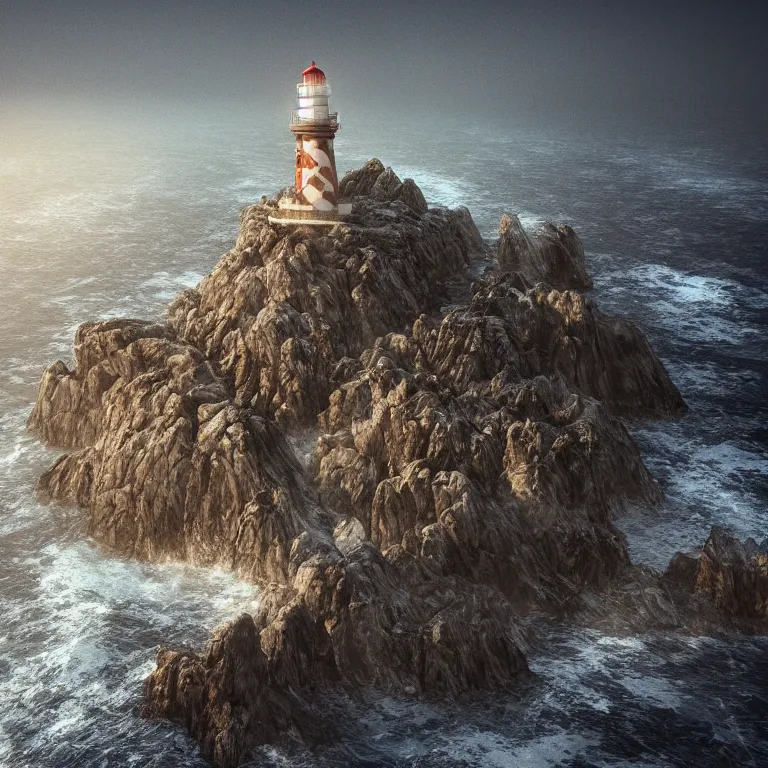 Prompt: wide angle octane render by wayne barlow and carlo crivelli and glenn fabry, a huge lighthouse on top a dramatic rocky outcropping above massive violent crashing ocean waves, volumetric lighting, dark and moody, cinema 4 d, ray traced lighting, very short depth of field, bokeh