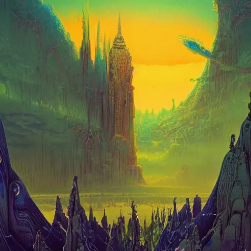 Prompt: a temple on a strange planet, by bruce pennington,, by kilian eng, by sam freio, by thomas rome, by victor mosquera, juxtapoz, behance, dayglo, prismatic