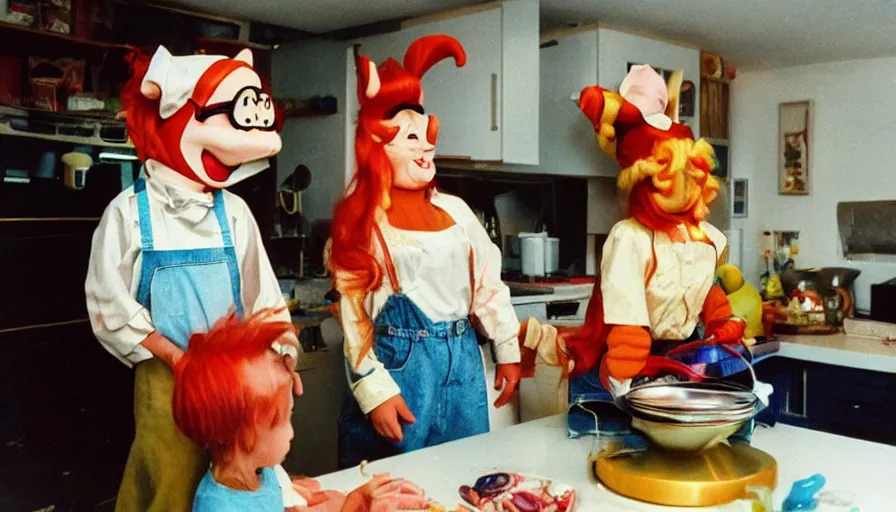 Image similar to 1 9 9 0 s candid 3 5 mm photo of a beautiful day in the family kitchen, cinematic lighting, cinematic look, golden hour, an absurd costumed mascot from the jimbles the super pony showing the kids how to build time machine, the kids are hungry but jimbles is showing them how to make a time machine to time travel, uhd