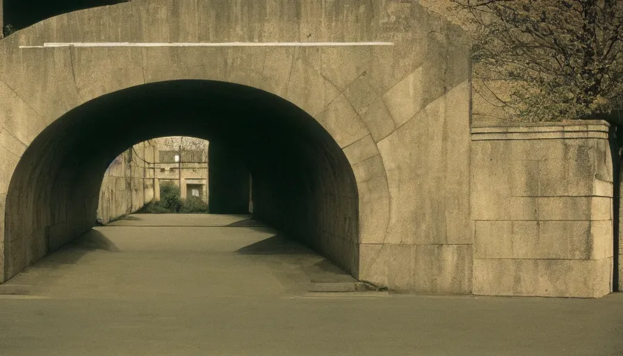 Prompt: 60s movie still of an empty aqueduc, cinestill 800t 50mm eastmancolor, liminal Space style, heavy grain