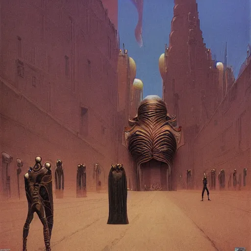 Prompt: portrait of masked Atreides Dune Dynasty on the art deco streets of the Giedi Prime during the Festival of Masks, award-winning realistic sci-fi concept art by Beksinski, Bruegel, Greg Rutkowski, Alphonse Mucha, and Yoshitaka Amano