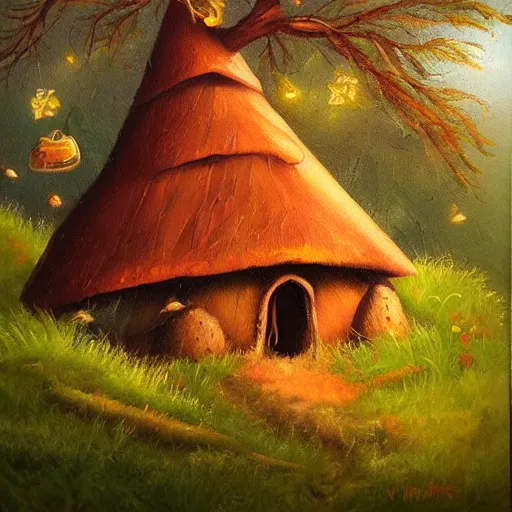 Prompt: tiny cute witch hut, hidden in beautiful forest, oil painting, natural colours