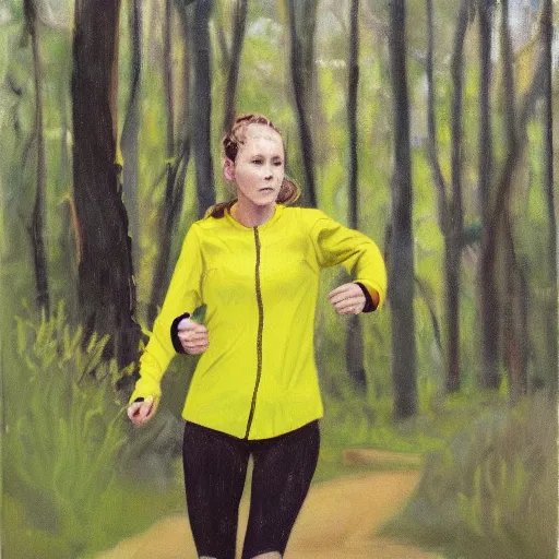 Prompt: a female orienteer wearing a yellow long - sleeved shirt and black tights runs in the forest, oil on canvas.