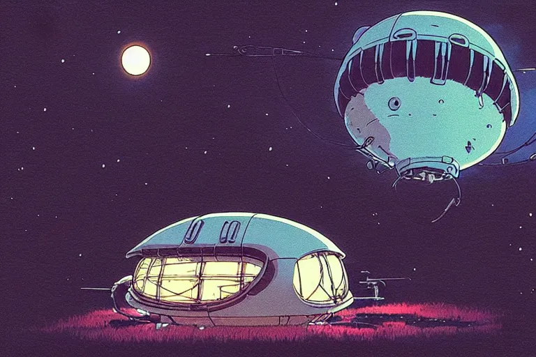 Image similar to a still from a studio ghibli film of an alien mothership from princess mononoke ( 2 0 0 4 ) at night in a suburban backyard. full body, wide shot, very muted colors, post grunge, studio ghibli, laurie greasley, highly detailed, deviantart, art by artgem