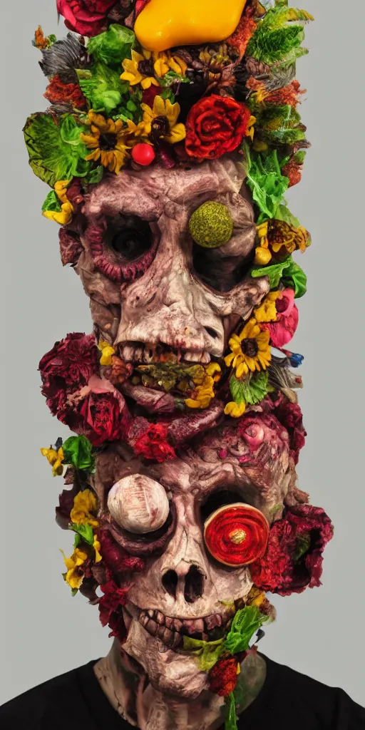 Prompt: portrait of a zombie punk, head made of fruit and flowers in the style of arcimboldo, photorealistic, dynamic lighting, action figure, clay sculpture, claymation, soft multicolor background