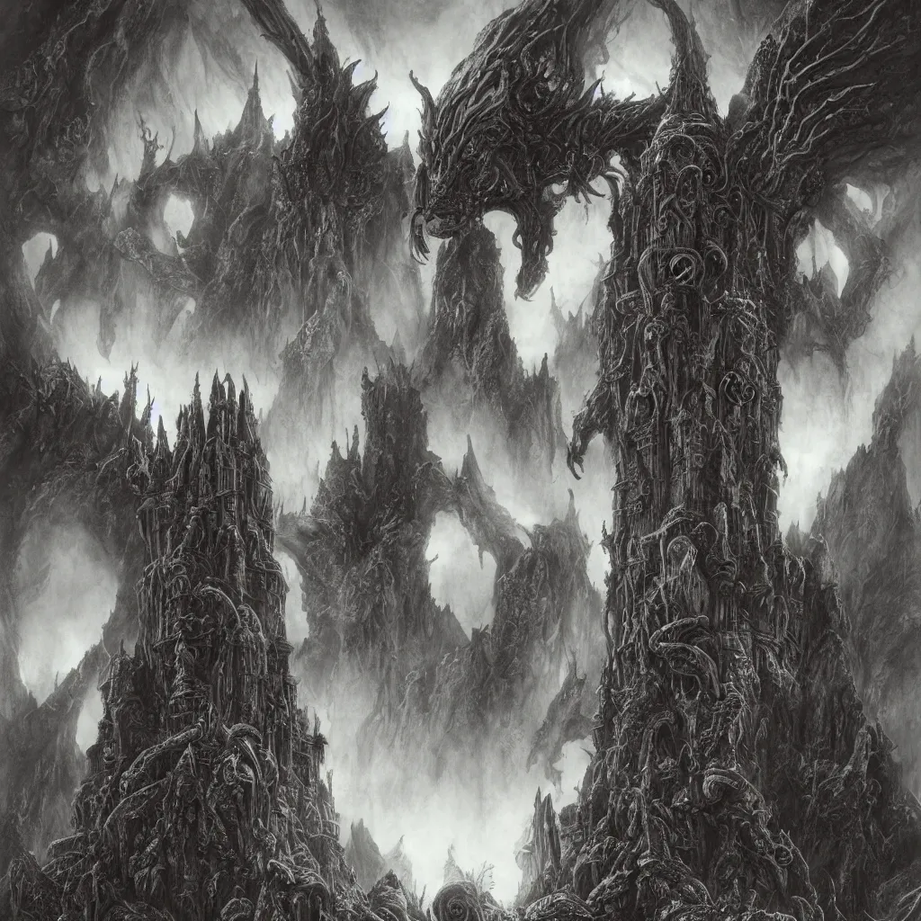 Prompt: dark alien castles, grotesque symmetrical towers and demonic tentacle dragon altars in the mountains of antarctica, upward cinematic angle, by rodney matthews, michael kaluta, stephen gammell and bill sienkiewicz, fantasy art, intense atmosphere, striking composition, ghost faces, monster statues, intricate, strange, ornate, digital art, hyperdetailed, colorful hyperrealism, photorealism, 8k