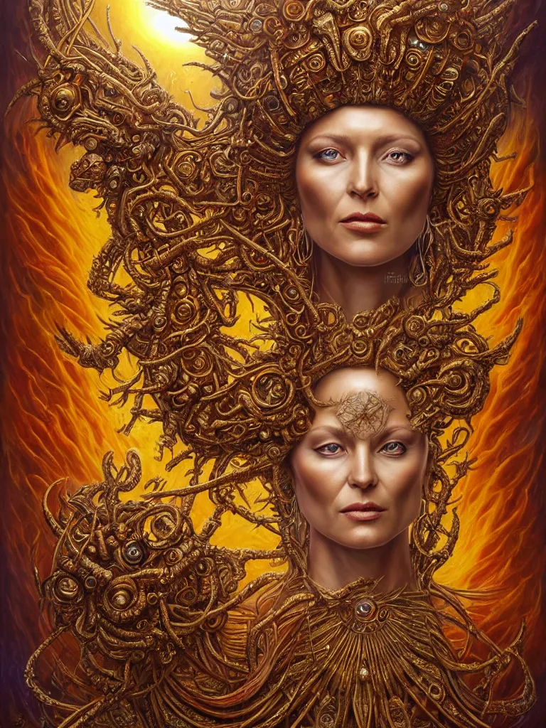 Image similar to hyper-realistic fullbody portrait. very complex hyper-maximalist overdetailed cinematic cosmic scifi portrait of an elegant very attractive sun goddess mother of the universe by andrei riabovitchev, tomasz alen kopera, oleksandra shchaslyva and peter morbacher. Extremely ornated and decorative. Fancy luxury beautiful. Omnious intricate. Secessionist portrait illustration. Goddess of the sky. Focus on face. Artstation. Deviantart. 8k 4k 64megapixel. Rendered by binx.ly.