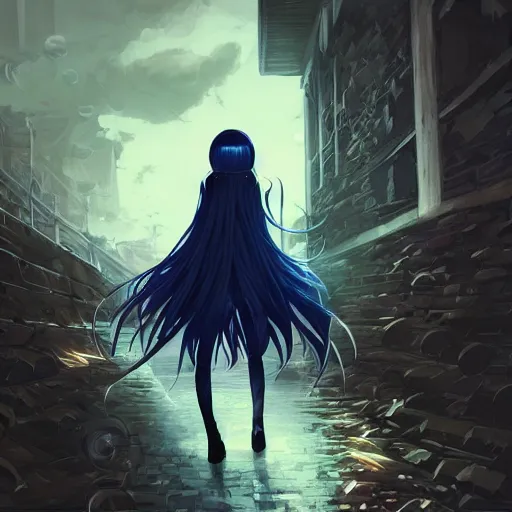 Image similar to low - angle shot from behind of a long blue - haired girl in a tailcoat overlooking demacia, combat boots, noir, screenshot, sharp focus, intricate, illustration, cell shaded, digital painting, highly detailed, straight hair, art by ilya kuvshinov, wlop, greg rutkowski, studio quality, james jean