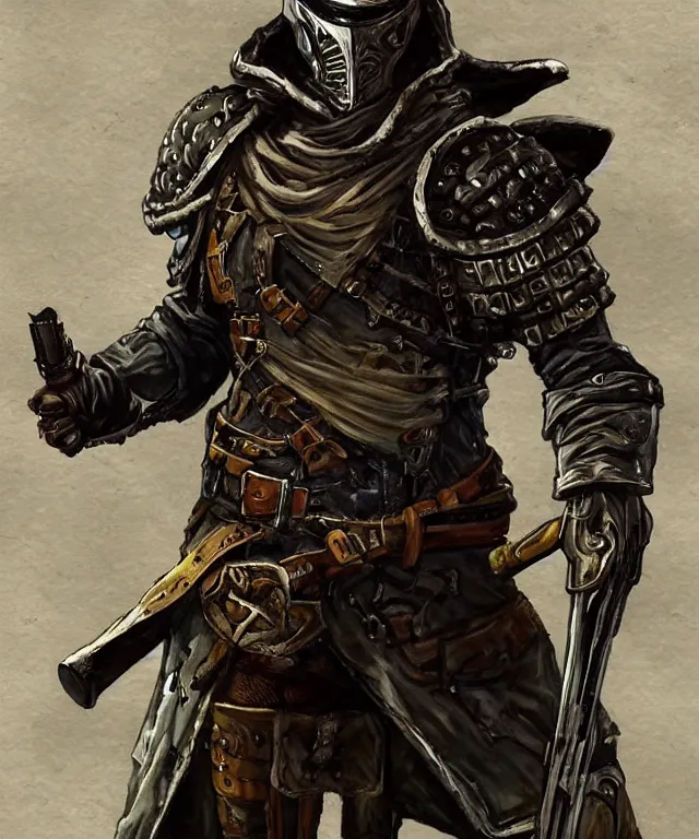 Image similar to a oil / watercolor painting full body character portrait of a gunslinger / paladin in the style of dark souls in the style of darkest dungeon trending on artstation deviantart pinterest detailed realistic hd 8 k high resolution