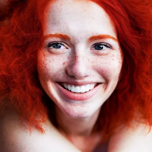 Prompt: a cute red-haired female with freckles, smiling, hyperrealistic