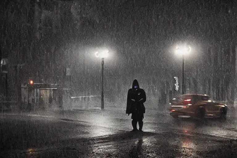 Image similar to vfx woman black super hero photo real, city street night lighting, rain and fog by Emmanuel Lubezki