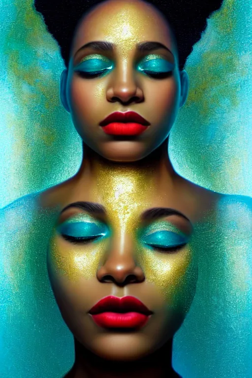 Prompt: hyperrealistic post - symbolist cinematic very beautiful! oshun goddess with white eyes, yoruba body paint, dripping mirror droplet lips, gold flowers, highly detailed digital art masterpiece, smooth etienne sandorfi eric zener dramatic pearlescent soft teal light, ground angle uhd 8 k, sharp focus