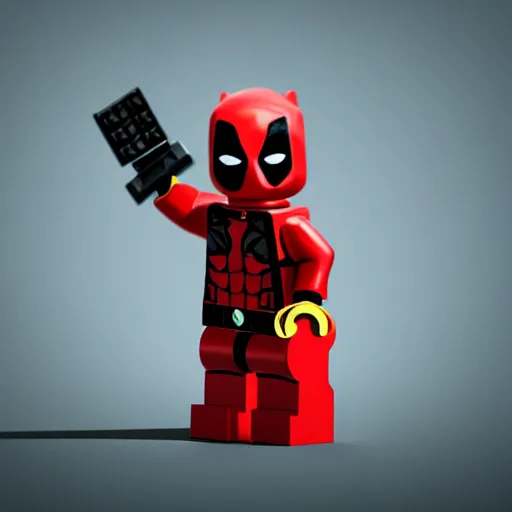 Image similar to deadpool as lego character, bokeh, photo, hyperrealistic, detailed textures and soft studio lighting, striking a cinematic pose, lego background, duplo, lego movie, octane render, 8 k soft shadows, sharp focus, extreme detail, hyper realistic, award winning photo