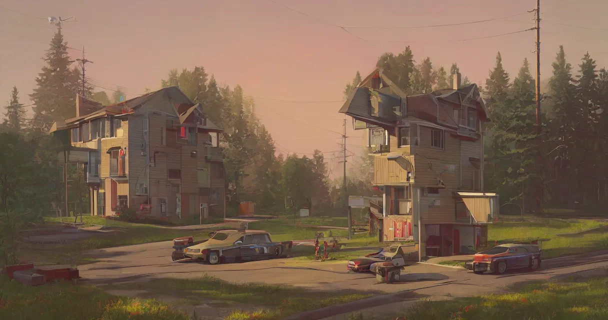 Prompt: A suburban home with a car parked out front. A colossal robot looms on the horizon beautiful beautiful beautiful painting, simon stalenhag, tales from the loop, trending on artstation