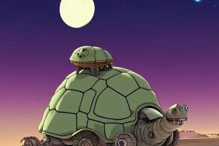 Prompt: a cell shaded cartoon of a lovecraftian mechanized turtle from howl's moving castle ( 2 0 0 4 ), on a desert road, in front of a full moon, full body, wide shot, very muted colors, post grunge, studio ghibli, laurie greasley, highly detailed, deviantart, art by artgem