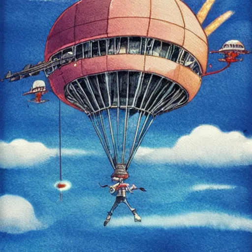 Image similar to sky fortress laputa hayao miyazaki flying high in the sky, watercolor illustration for a book