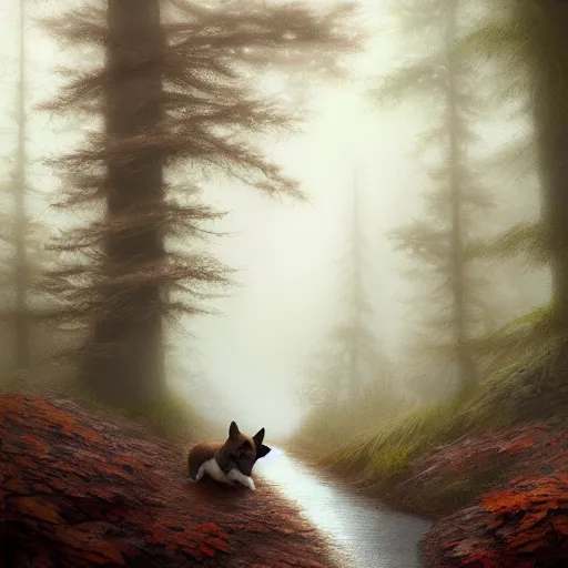 Prompt: corgi puppy in a misty forest, beautiful landscape, extremely detailed digital painting, hyperrealistic, lifelike, intricate, greg rutkowski, artgerm, simon stalenhag, trending on artstation