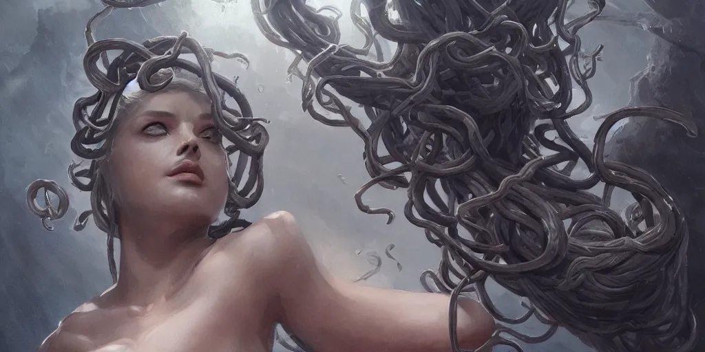 Prompt: medusa, highly detailed, low camera angle, point of view looking up from below, beautiful, mesmerising, look of desire, loving stare, battle action shot, digital painting, trending on artstation, concept art, 4 k, sharp focus, illustration, art by greg rutkowski