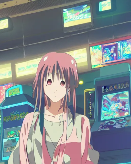 Image similar to a girl at the arcade, full shot, visible face, ambient lighting, detailed, very modern anime style, art by hayao miyazaki, masashi kishimoto, makoto shinkai