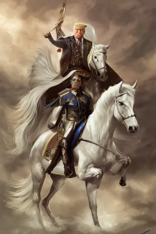 Prompt: donald trump on a majestic white horse, digital painting, artstation, concept art, smooth, sharp focus, illustration, in - frame, centered, art by artgerm and donato giancola and joseph christian leyendecker, ross tran, wlop