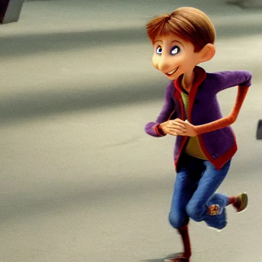 Prompt: staurt little running away from the character remy from ratatouille