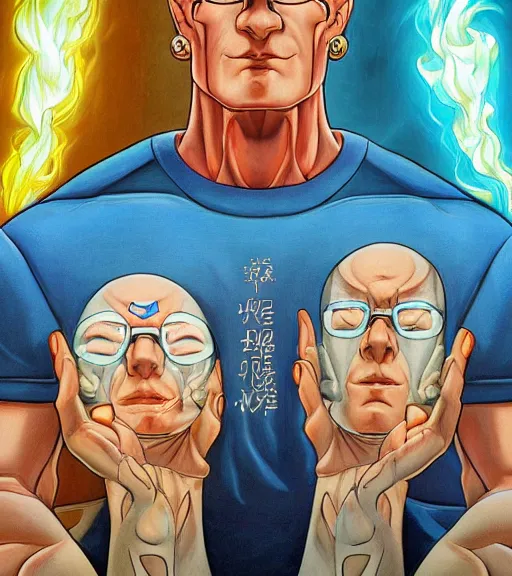 Image similar to symmetry, hank hill wearing a white tshirt, the god of propane, blue fire, art by mike judge, art by josephine wall, art by huang guangjian, art by viktoria gavrilenko, art by amanda sage, dramatic lighting, trending on artstation