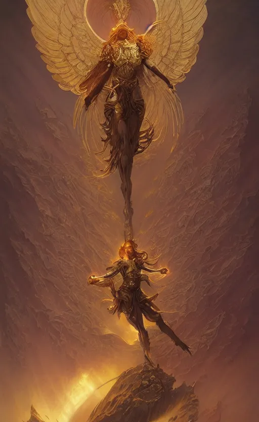 Image similar to ascending dark full body redhead goddess angel, intricate armor, highly detailed, glowing, action pose, cinematic, Art Deco, gold filigree, ethereal, alfonso mucha, zdzisław beksiński, Andrei ryabovichev, Shaun tan, Chriss foss, Peter mohrbacher, 8k