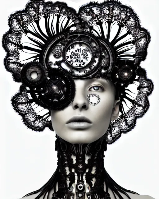 Image similar to surreal black and white photo portrait of complex bio-mechanical beautiful young female vegetal-cyborg with a Mandelbrot fractal metal fine lace face, curled silver hair, 150 mm lens, soft rim light, fine metal floral foliage super big lace collar by Alexander McQueen, high fashion, haute couture, rococo, steampunk, silver filigree details, anatomical, facial muscles, cable wires, microchip, elegant, hyper realistic, octane render, unreal engine, in the style Dora Maar, volumetric lighting, 8k,