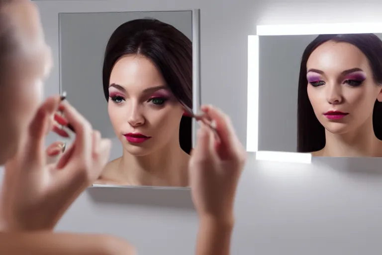 Image similar to beautiful female android, putting on makeup in front of a mirror, bathroom environment