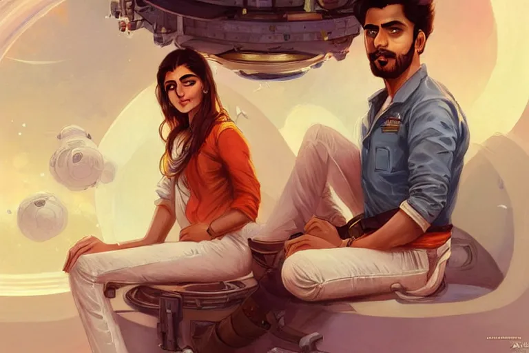 Image similar to Sensual good looking pale young Indian doctors wearing jeans in a space station above Earth, portrait, elegant, intricate, digital painting, artstation, concept art, smooth, sharp focus, illustration, art by artgerm and greg rutkowski and alphonse mucha