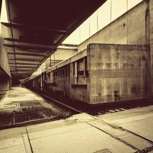 Image similar to a train crashing into a brutalist building, film photo, moody lighting, depressing gradient