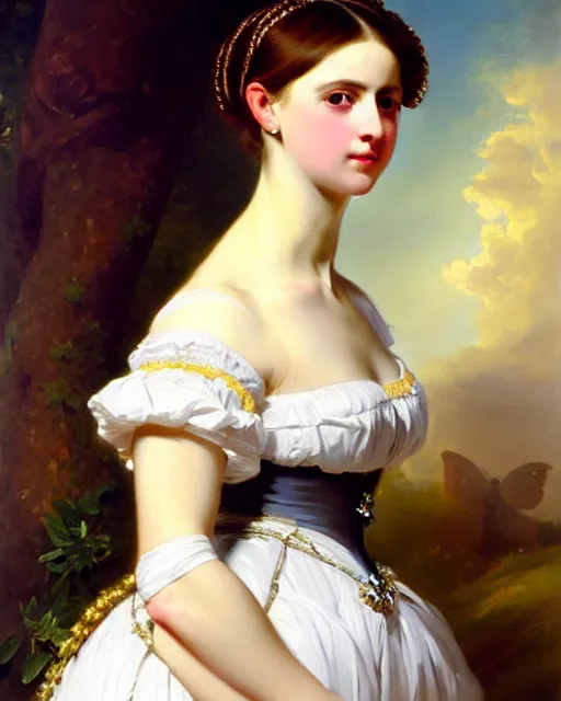 Prompt: beautiful painting of a young german princess with short hair by franz xaver winterhalter, full body painting, oil on canvas, romanticism, intricate details, highly detailed, 1 8 4 0 s style painitngs